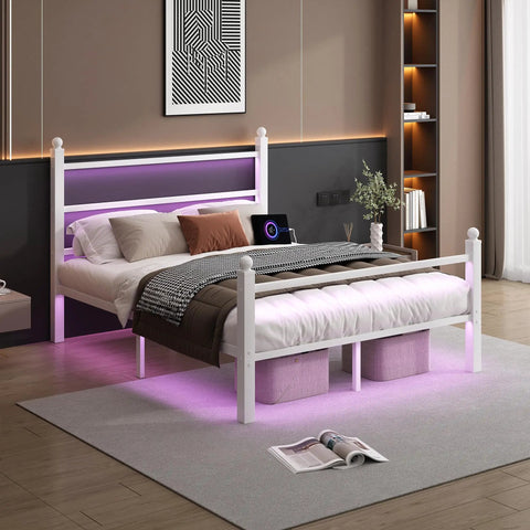 Sleek White Full Size Bed Frame With Built In Led Accents And Dual Usb Ports, showcasing a modern design and metal slats.