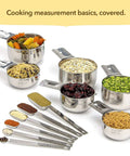 Pro Chef Grade Stainless Steel Measuring Cups And Spoons Set Of 12 filled with various dry ingredients, stackable handles visible
