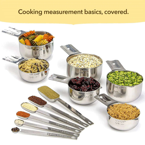 Pro Chef Grade Stainless Steel Measuring Cups And Spoons Set Of 12 filled with various dry ingredients, stackable handles visible