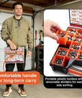 Man holding 560 Piece Stepless Single Ear Hose Clamp Kit with Pliers, showing organized storage box with removable dividers.