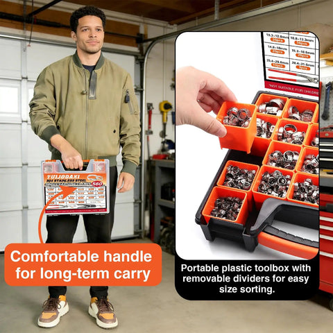 Man holding 560 Piece Stepless Single Ear Hose Clamp Kit with Pliers, showing organized storage box with removable dividers.