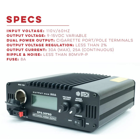 30 Amp Regulated Universal Bench Power Supply For CB Ham Radios And Scanners, adjustable voltage output, front view