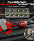 Workhorse Brushless Cordless Die Grinder Compatible With Milwaukee 18V Batteries, showcasing the tool and its compatible battery options.