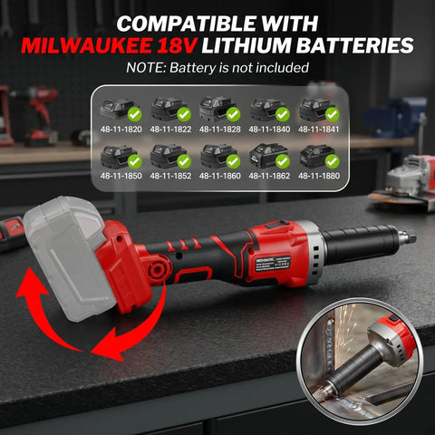 Workhorse Brushless Cordless Die Grinder Compatible With Milwaukee 18V Batteries, showcasing the tool and its compatible battery options.