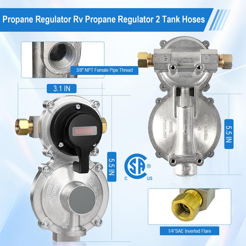 Two Tank Propane Regulator Kit With Auto Changeover And Two Hose Set durable brass fittings, dimensions shown, close view
