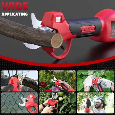 Workhorse Heavy Duty Pruning Shears Attachment For Milwaukee 12V Batteries With LCD Display And SK7 Blade in use on a branch
