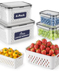 Four Pack Large Fridge Storage Containers With Leakproof Lids And Removable Colander BPA Free Microwave And Dishwasher Safe 3.15 Liter Largest Capacity For Leftovers And Meal Prep filled with various fruits and vegetables