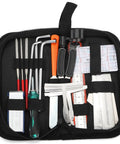 All In One 26 Piece Guitar Setup and Repair Kit with Carry Bag opened showing tools like fret files, hex wrenches, rulers, cutters.