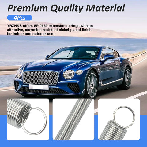Close-up views of 4-pack extension springs with single-loop ends, 4 in length, 9/16 in OD, nickel-plated spring steel