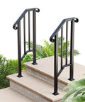 Two Pack Heavy Duty Outdoor Stair Handrails, Wrought Iron Step Guards With Quick Mount Kit, Hella Sturdy Security Railing For Porch Deck And Concrete Entrance, Matte Black on stone steps.