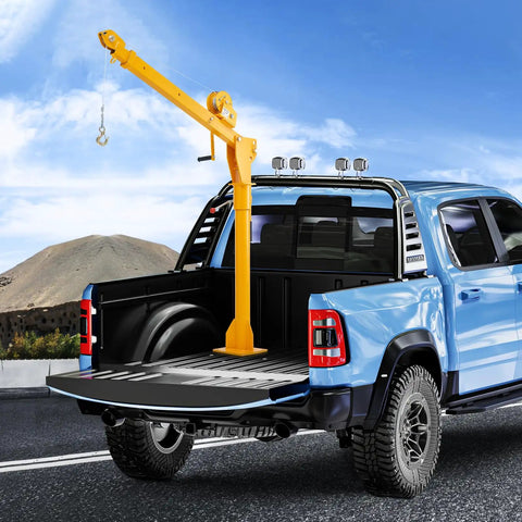 Pickup Truck Bed Crane With 1100 Lb Manual Winch Folding Jib Hoist Steel Construction 360 Degree Swivel installed on truck