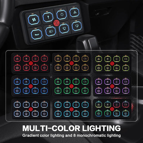 8 Gang RGB LED Touch Switch Panel For 12 24V Vehicles Waterproof Dimmable With Memory Built For Cars Trucks Offroad Marine Boats And Easy Access Control For Lights And Accessories, showing multi-color lighting options and touch interface.