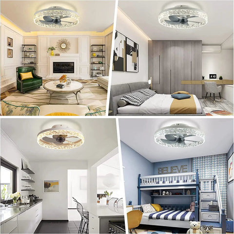 Ceiling Fan With Lights LED Remote Control Three Color Lighting Three Speeds Invisible Blades Flush Mount Enclosed Metal Shell