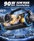 90W Peak Portable Bluetooth Speaker With Beastly Bass Subwoofers And Punchy HD Sound illustration showing components