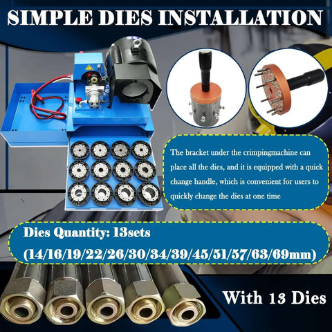 Portable Hydraulic Hose Crimper One Quarter Inch To Two Inch High Pressure Vehicle Hose Crimping Machine 32 MPa With 13 Die Sets