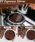 WDT Espresso Stirrer in action, breaking up coffee clumps for even distribution, showcasing effective tamping process.