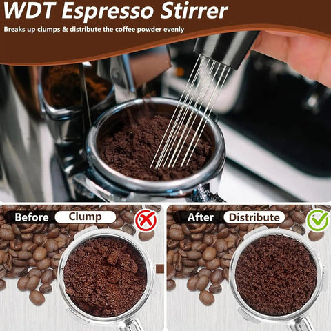 WDT Espresso Stirrer in action, breaking up coffee clumps for even distribution, showcasing effective tamping process.