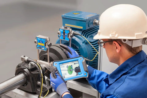 Engineer using Wireless Laser Shaft Alignment System With Automatic Measurement For Safe No Sweat Alignment In Tight Spaces Starts At Any Angle And Finishes With A 90 Degree Sweep Ideal For Industrial Machinery And High Precision Maintenance on machinery