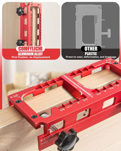 Pro Grade Aluminum Door Hinge Jig Kit for Router in use, demonstrating precise mortise routing with heavy duty 6061 alloy.
