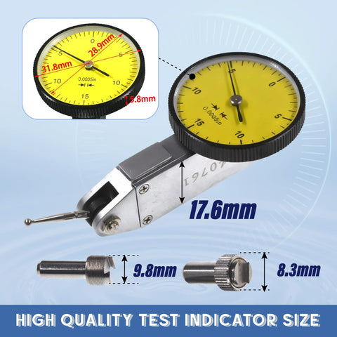 Front view of HGC precision yellow test indicator with 0-15-0 dial, 0.0005 in graduations mounted on metal probe