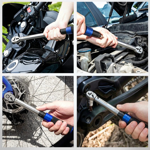 Beefy Nine Piece Torque Wrench Set With Quarter, Eighths, And Half Inch Drives used on bike and car engines.