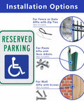 Installation options for Reserved Parking sign with zip ties, nuts & bolts, screws for Rock Solid All Weather First Aid Point Sign Metal Plaque