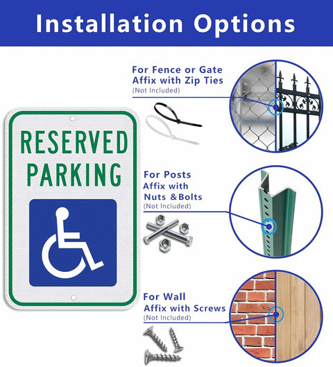 Installation options for Reserved Parking sign with zip ties, nuts & bolts, screws for Rock Solid All Weather First Aid Point Sign Metal Plaque