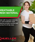 Woman wearing Green Fitted Left Wrist Brace With One Hand Cinch For Easy Wraparound And Stay Put Support holding box