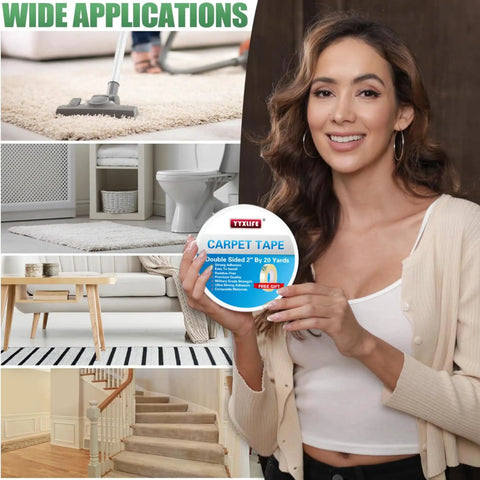 Heavy Duty Double Sided Carpet Tape For Rugs And Floors 2 Inch By 20 Yards Removable Adhesive held by woman with sample images