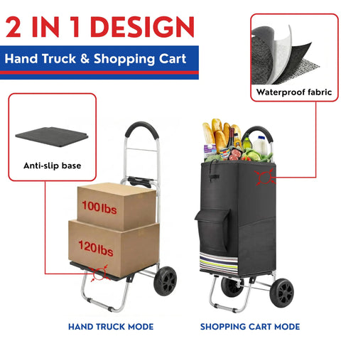 Foldable Grocery Cart With Extra Large Black Bag 220 Lb Capacity Smooth Rolling Two Wheel Trolley with boxes and groceries