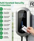 No Sweat Garage Upgrade Heavy Duty Level 2 Electric Charger Crushing Charge Times With Blazing 50 Amp 12Kw 240V Hardwired Power For Your Electric Vehicle Featuring Flexible Amp Control Gray display showing RFID and security features.