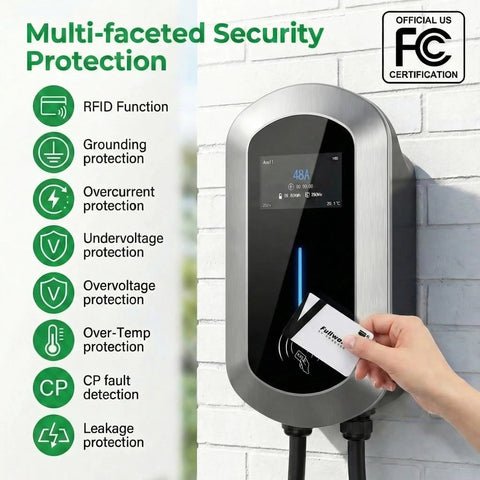 No Sweat Garage Upgrade Heavy Duty Level 2 Electric Charger Crushing Charge Times With Blazing 50 Amp 12Kw 240V Hardwired Power For Your Electric Vehicle Featuring Flexible Amp Control Gray display showing RFID and security features.
