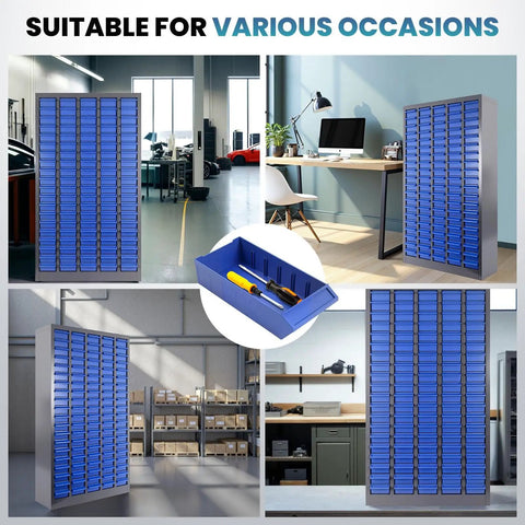 Tough As Nails Heavy Duty Parts Organizer Cabinet With 75 Drawers And Clear Label System, showcased in different workshop settings.
