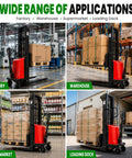 Super Heavy Duty Semi Electric Pallet Stacker With A Killer 3300 Pound Lift Capacity And Nine Foot Four Inch Vertical Reach in factory and warehouse settings.