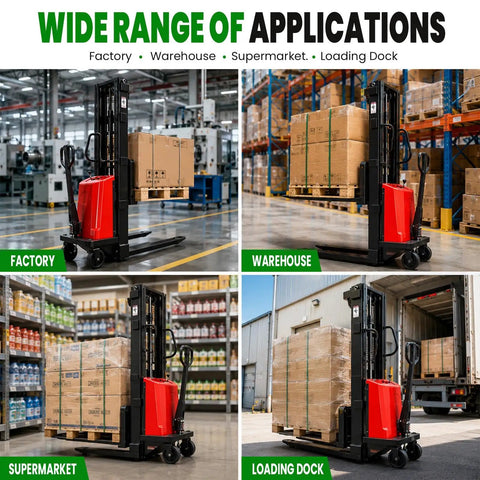 Super Heavy Duty Semi Electric Pallet Stacker With A Killer 3300 Pound Lift Capacity And Nine Foot Four Inch Vertical Reach in factory and warehouse settings.