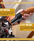 Two Pack Hose Adapter From Two And A Half Inch Outer Diameter To One And A Half Inch Outer Diameter Reducer For Dry And Wet Vacuum Hoses, Ideal Dust Collection Connector In Black in use, connecting a vacuum hose in a workshop setting.