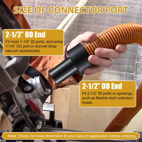 Two Pack Hose Adapter From Two And A Half Inch Outer Diameter To One And A Half Inch Outer Diameter Reducer For Dry And Wet Vacuum Hoses, Ideal Dust Collection Connector In Black in use, connecting a vacuum hose in a workshop setting.