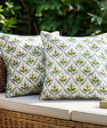 Outdoor Floral Pillow Covers Waterproof 20x20 Blue Green Canvas Polyester With PU Coating For Garden Patio Couch And Poolside Boho Farmhouse Decor Vibe For Indoor And Outdoor Use Weather Resistant Easy Care on wicker bench
