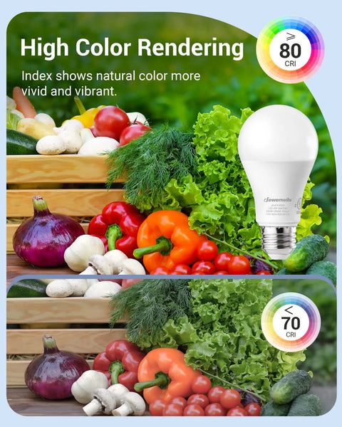 Image of crisp vegetables illuminated by 4 Pack A19 Dimmable LED Light Bulbs 800 Lumens 5000K Daylight White, enhancing colors with 80 CRI.