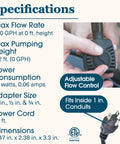 Specifications for Beefed-Up 500 GPH Fountain Pump With Low Water Shut Off Auto Shut Off To Prevent Burnout 7 Ft Pumping Height Ideal For Large Fountains And Hydroponics, showing adjustable flow control and power plug.