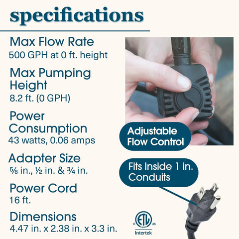 Specifications for Beefed-Up 500 GPH Fountain Pump With Low Water Shut Off Auto Shut Off To Prevent Burnout 7 Ft Pumping Height Ideal For Large Fountains And Hydroponics, showing adjustable flow control and power plug.