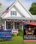 Patriotic Garden Flag Celebrating 250 Years Of Freedom With Eagle Design displayed in front of a house for Fourth of July decor.