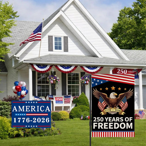 Patriotic Garden Flag Celebrating 250 Years Of Freedom With Eagle Design displayed in front of a house for Fourth of July decor.
