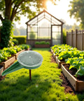 Adjustable Seed Dispenser Hand Tool in a garden with raised beds, set for precise seed planting near a greenhouse.