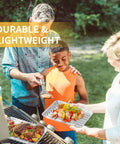 Family grilling with 40 Pack Disposable Aluminum Broiler Pans, 13.38 by 8.81 by 1.06 Inches, Thick Foil, showcasing durability.