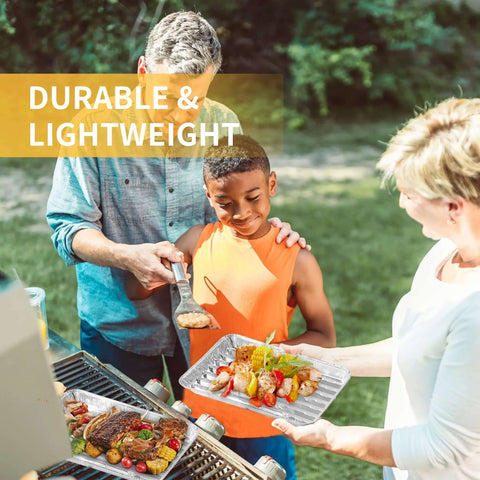 Family grilling with 40 Pack Disposable Aluminum Broiler Pans, 13.38 by 8.81 by 1.06 Inches, Thick Foil, showcasing durability.
