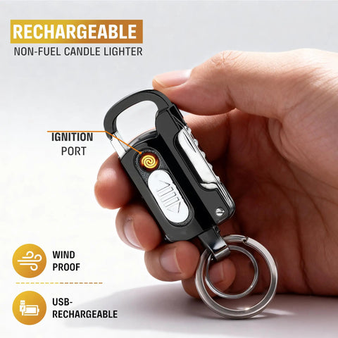 Person holding 9 In 1 Multitool Keychain With Windproof Plasma Lighter USB Rechargeable Knife Screwdriver Bottle Opener Corkscrew.