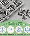 304 Stainless Steel Metric Set Screw Kit With M3 M4 M5 M6 M8 Sizes Grub Screws And Hex Wrenches in clear box