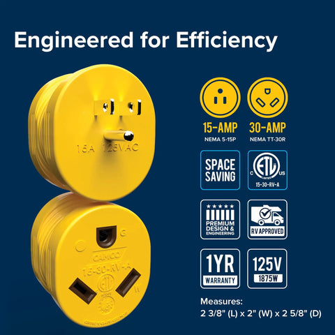 PowerGrip Heavy Duty RV 15 Amp Male To 30 Amp Female Electrical Adapter featuring yellow connectors and efficiency details