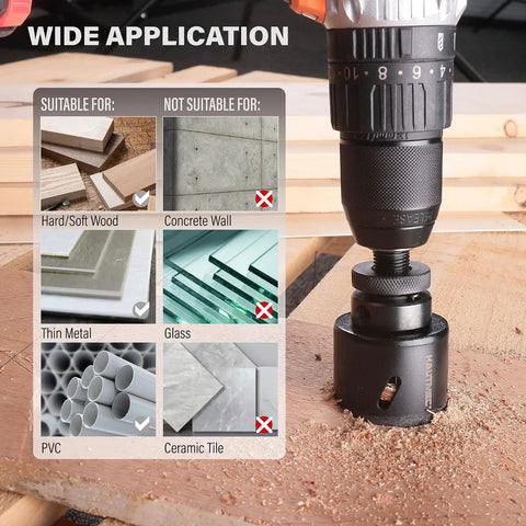Go-To Heavy Duty Bi-Metal Hole Saw Kit 21-Piece With 14 HSS Blades shown with drill cutting wood, not suitable for concrete or glass.